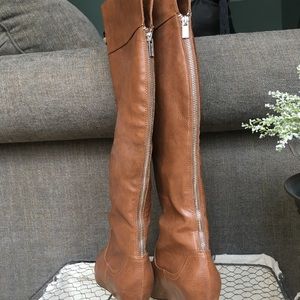 Low wedge heel, knee high, coffee color boots